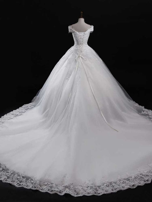 Gorgeous V-Neck Lace Tulle Ball Gown Ruffles Wedding Dresses - wedding dresses