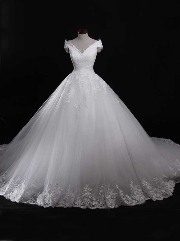 Gorgeous V-Neck Lace Tulle Ball Gown Ruffles Wedding Dresses - Ivory / Floor Length - wedding dresses