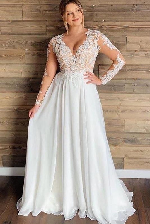 Gorgeous V-Neck Long Sleeves Lace Ruffles Wedding Dresses - Ivory - wedding dresses
