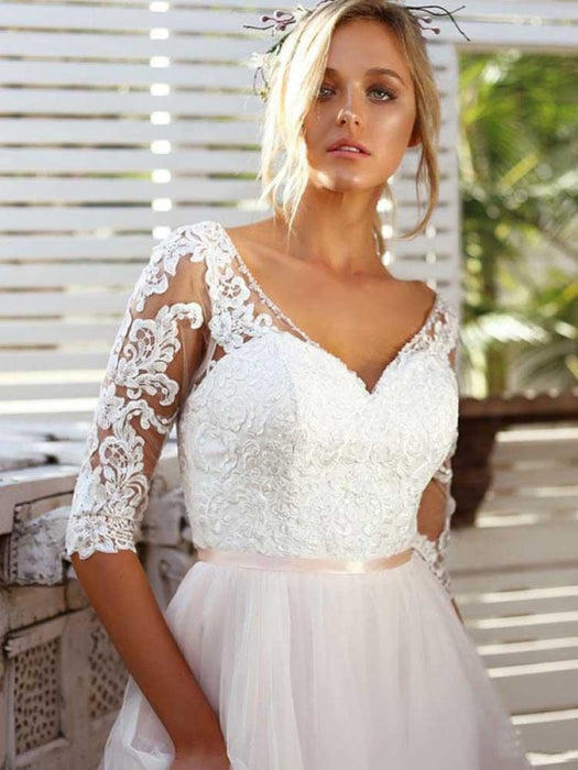 Gorgeous V Neck Long Sleeves Tulle Wedding Dresses - wedding dresses