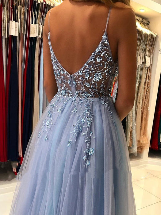 Gorgeous V Neck Open Back Smoky Gray Beaded Long Prom, High Slit Smoky Bridelily Gorgeous V Neck Open Back Smoky Gray Beaded Long Prom, High Slit Smoky Bridelily