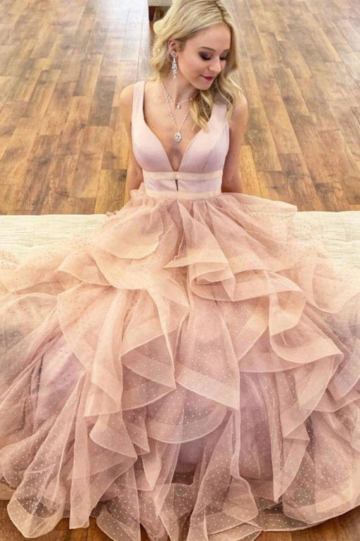 Gorgeous V Neck Ruffled Prom Charming Sleeveless Party Dresses - Prom Dresses