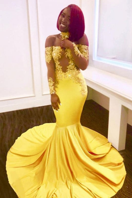 Gorgeous Yellow Long Sleeves Off-shoulder Floor Length Appliqued Prom Dresses - Prom Dresses