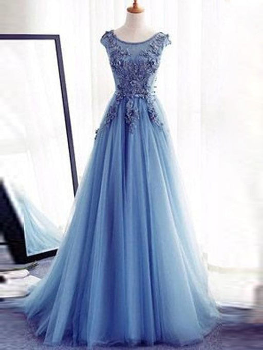 Gown Tulle Jewel Sleeveless Sweep/Brush Train With Applique Dresses - Prom Dresses