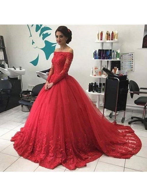 Gown Tulle Off-the-Shoulder Long Sleeves Court Train With Lace Dresses - Prom Dresses