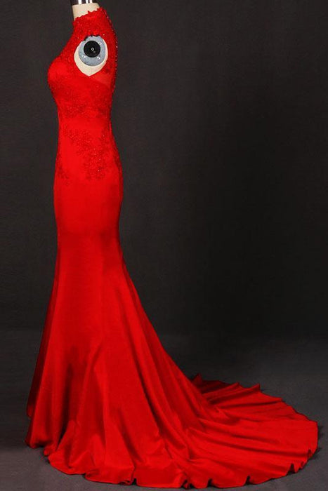 Graceful Amazing Red High Neck Sleeveless Satin Evening Dress Appliques Prom Dresses - Prom Dresses