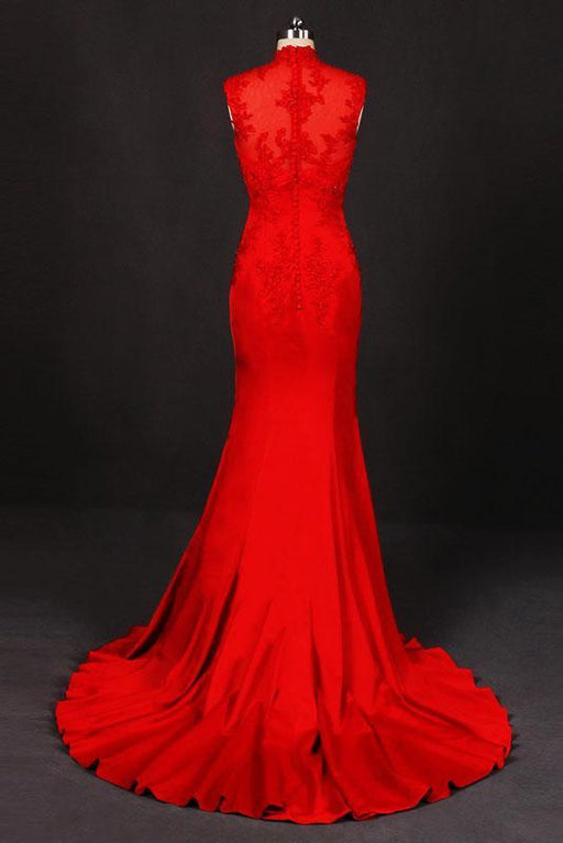 Graceful Amazing Red High Neck Sleeveless Satin Evening Dress Appliques Prom Dresses - Prom Dresses