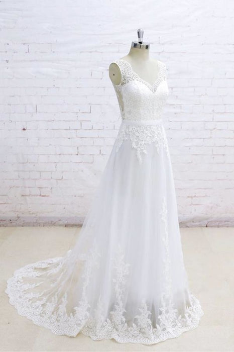 Graceful Appliques V-neck Tulle A-line Wedding Dress - Wedding Dresses