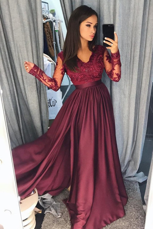 Graceful Best Affordable Maroon Long Sleeve V-neck Prom Dress Lace Banquet Gown with Slit - Prom Dresses