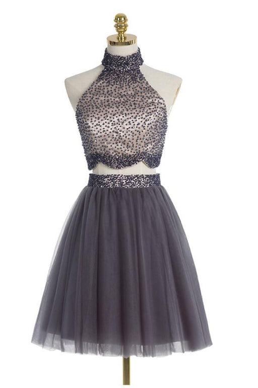 Graceful Chic Two piece High Neck Gray Beading Homecoming Dresses - Prom Dresses