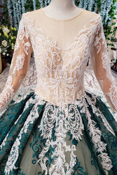 Graceful Fabulous Latest Green Sleeves Ball Lace Dress with Appliques Long Prom Gown - Prom Dresses