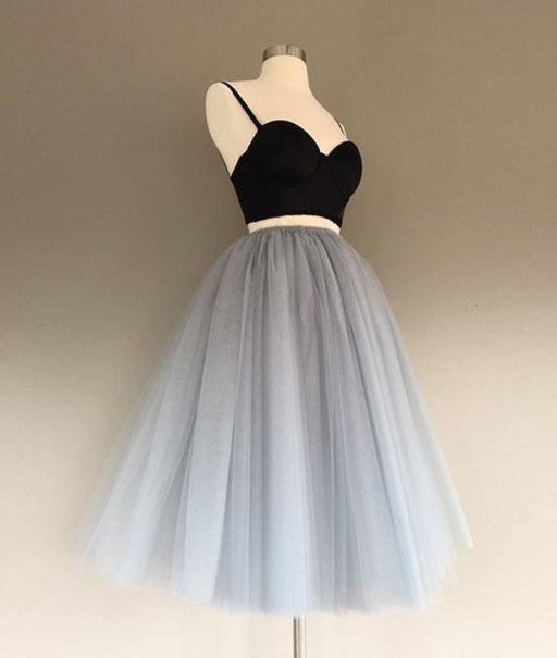Graceful Fascinating Two Piece Spaghetti Straps A-Line Gray Homecoming Dress Sweetheart Tulle Prom Dresses - Prom Dresses