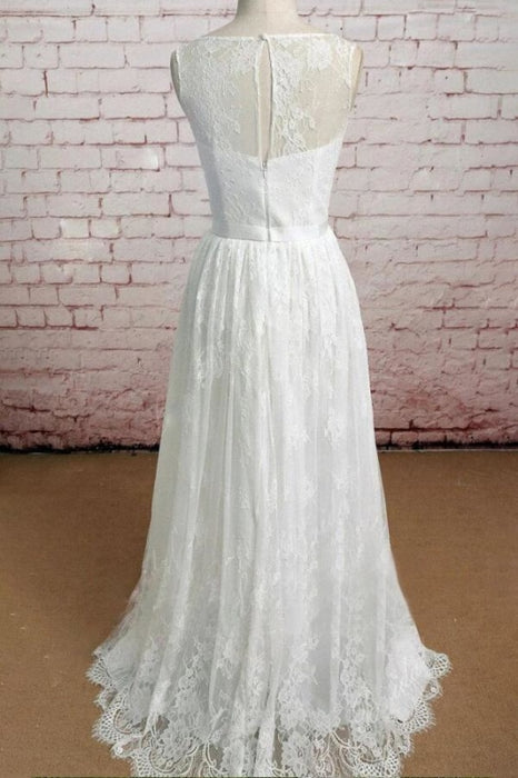 Graceful Floor Length Boho Lace Wedding Dress With Sleeves - Bridelily