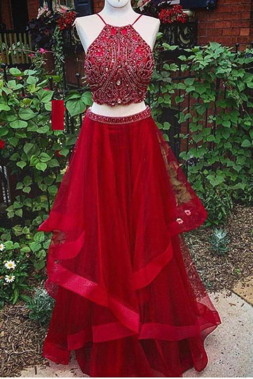 Graceful Graceful Red Two Piece Prom Dresses with Beading Charming Long Homecoming Dress - Prom Dresses