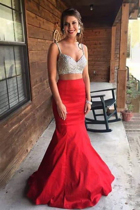 Graceful Two Piece Cheap Long Red Prom Dresses - Bridelily Graceful Two Piece Cheap Long Red Prom Dresses - Bridelily