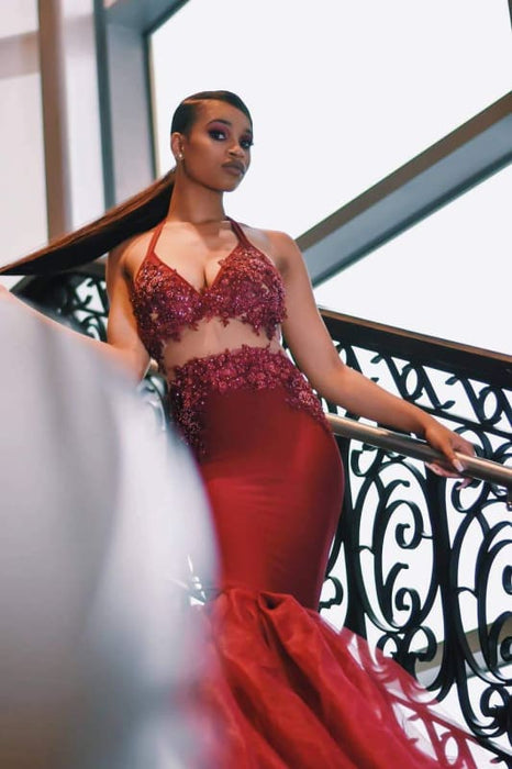 Red Two Piece Prom Dress Long with Beading Formal Dress-Bridelily Red Two Piece Prom Dress Long with Beading Formal Dress-Bridelily