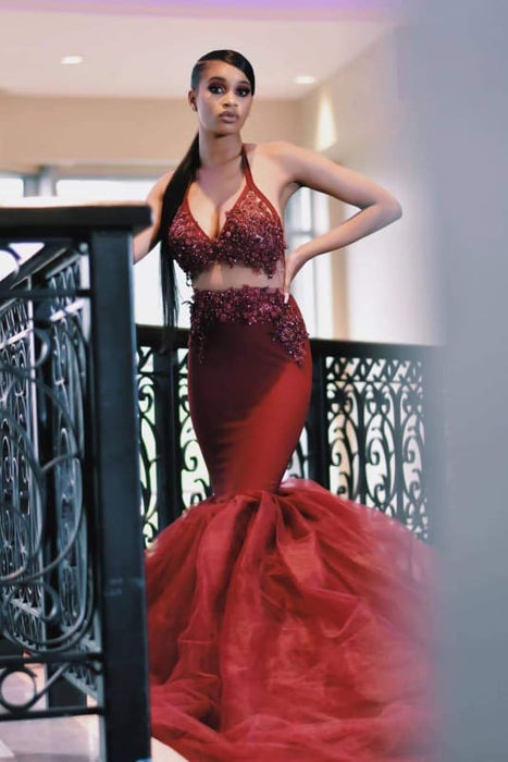 Red Two Piece Prom Dress Long with Beading Formal Dress-Bridelily Red Two Piece Prom Dress Long with Beading Formal Dress-Bridelily