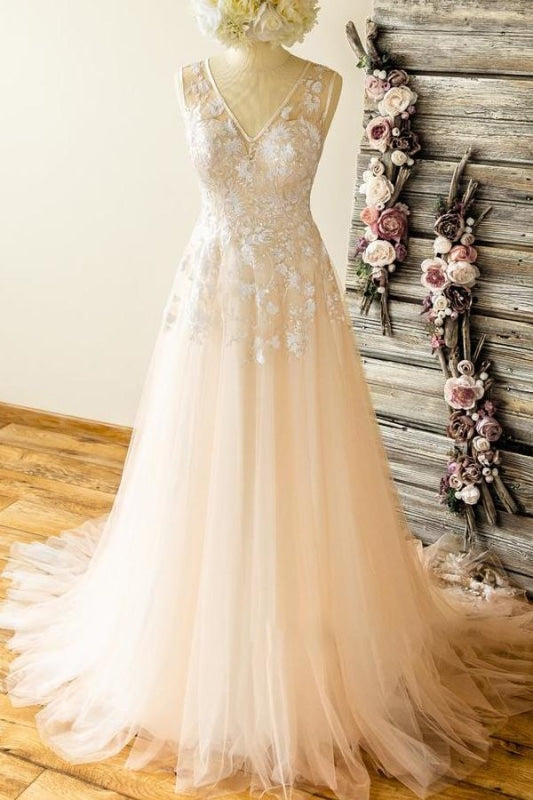 Graceful V-neck Appliques Lace Tulle Wedding Dress - Wedding Dresses