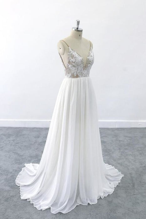 Graceful V-neck Lace Chiffon A-line Wedding Dress - Wedding Dresses