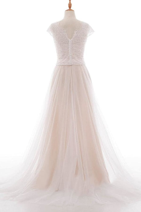 Graceful V-neck Lace Tulle A-line Wedding Dress - Wedding Dresses