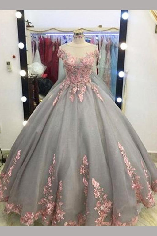 Gray Ball Gown Cap Sleeves Floor-length Pink Lace Appliques Prom Dress Quinceanera Dresses - Prom Dresses