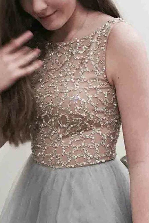 Gray Long Tulle Prom Dress with Beading A Line Sleeveless Grey Formal Dresses - Prom Dresses