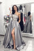 Gray One Shoulder Prom Grey Long Sleeves Side Slit Evening Dress - Prom Dresses