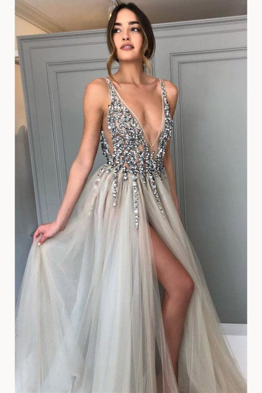 Gray Sequined Deep V Neck Prom with Left Slit A Line Tulle Evening Dress - Prom Dresses