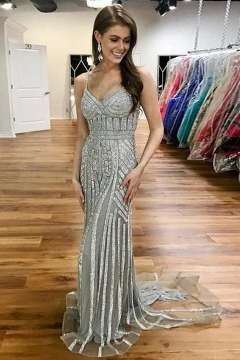 Gray Spaghetti Strap Sparkly Evening Sexy Long Mermaid Prom Dress - Prom Dresses