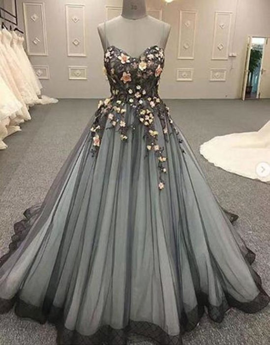 Gray Spaghetti Straps Sweetheart Long 3D Floral Cheap Tulle Prom Dresses - Prom Dresses