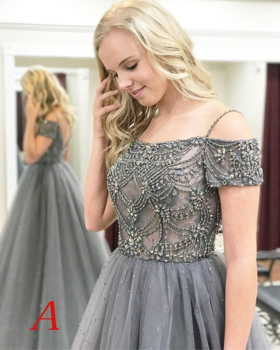 Gray Sparkly Off the Shoulder Short Sleeves Beading Tulle Long Prom Dresses - Prom Dresses