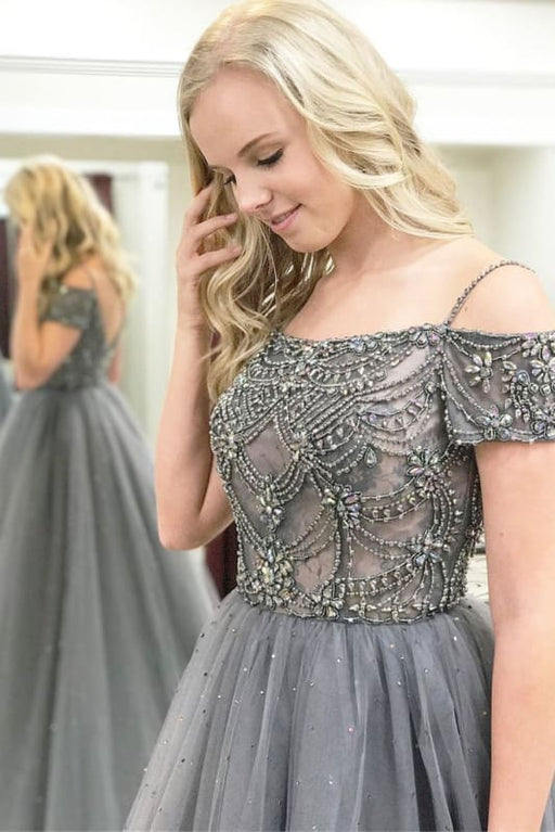 Gray Sparkly Off the Shoulder Short Sleeves Beading Tulle Long Prom Dresses - Prom Dresses