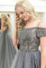 Gray Sparkly Off the Shoulder Short Sleeves Beading Tulle Long Prom Dresses - Prom Dresses
