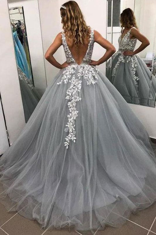 Gray V Neck Long Dress for Teens Puffy Appliqued Prom Dresses with Beading - Prom Dresses