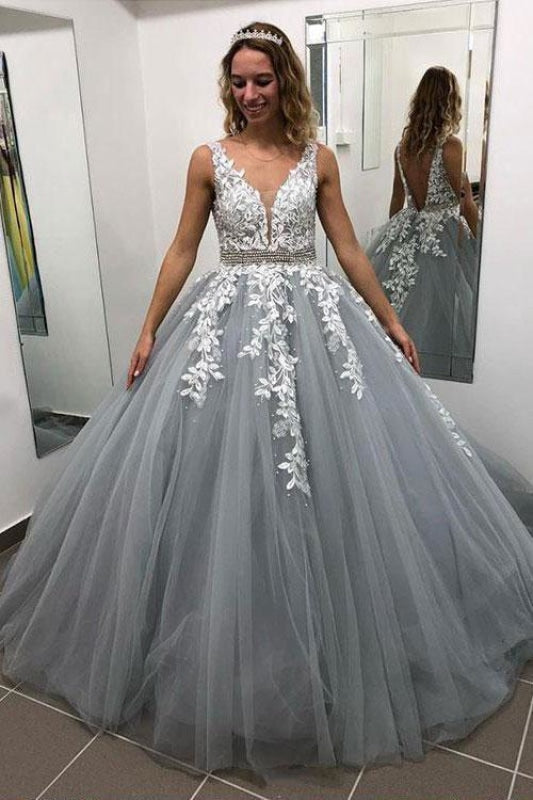 Gray V Neck Long Dress for Teens Puffy Appliqued Prom Dresses with Beading - Prom Dresses