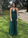 Green A Line V Neck Backless Lace Prom Dresses with High Slit, Backless Green Lace Formal Graduation Evening Dresses