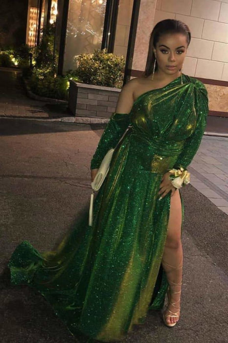 Green Asymmetrical Side Slit Long Sleeves Prom Dresses - Prom Dresses