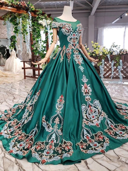 Green Ball Gown Appliqued Prom Short Sleeves Long Quinceanera Dress with Beading - Prom Dresses