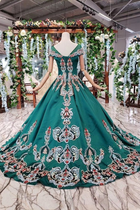 Green Ball Gown Appliqued Prom Short Sleeves Long Quinceanera Dress with Beading - Prom Dresses