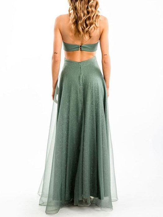 Green Evening Dress A Line V Neck Sleeveless Backless Tulle Cut Out Floor Length Social Party Dresses