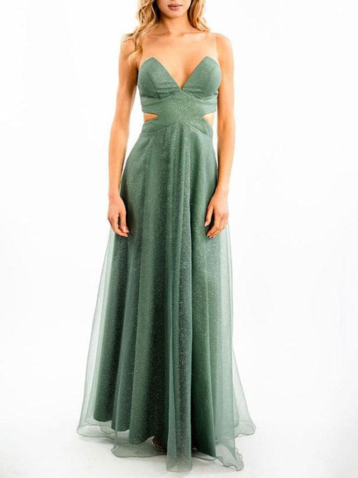 Green Evening Dress A Line V Neck Sleeveless Backless Tulle Cut Out Floor Length Social Party Dresses