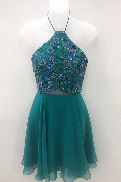 Green Halter Chiffon Short Beading Homecoming Dress Mini Cute Prom Dresses - Prom Dresses
