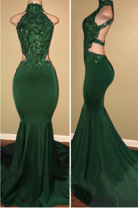 Green High Neck Sleeveless Mermaid Long Prom with Appliques Sexy Party Dress - Prom Dresses