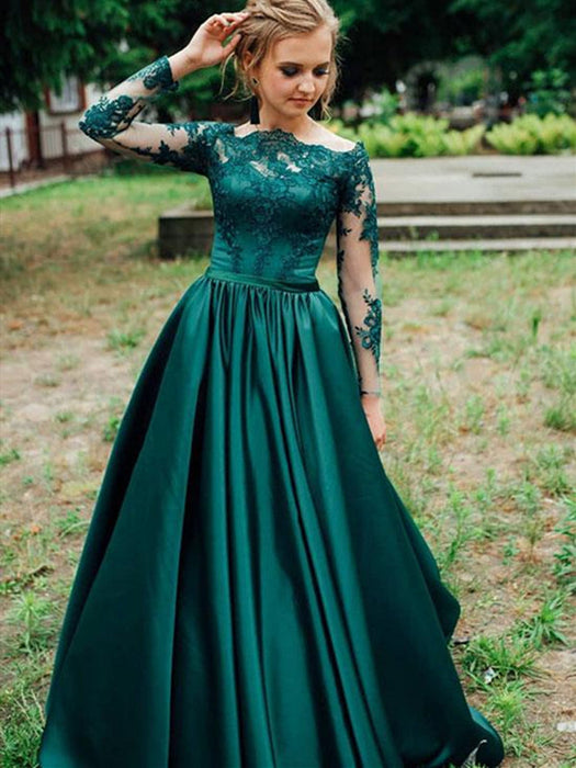 Green Long Sleeves Lace Satin Long Prom Dresses, Green Lace Formal Dresses, Green Lace Evening Dresses
