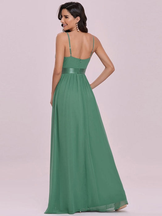 Green Prom Dress A-Line V-Neck Sleeveless Backless Sash Floor Length Chiffon Wedding Guest Dresses