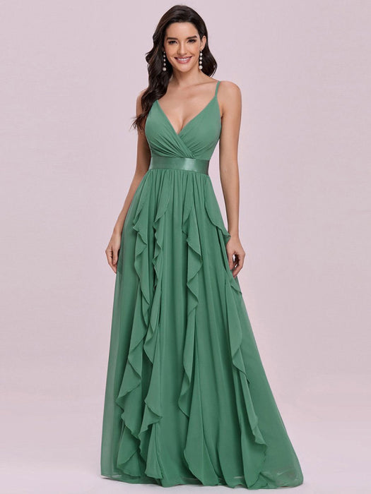 Green Prom Dress A-Line V-Neck Sleeveless Backless Sash Floor Length C Bridelily Green Prom Dress A-Line V-Neck Sleeveless Backless Sash Floor Length C Bridelily
