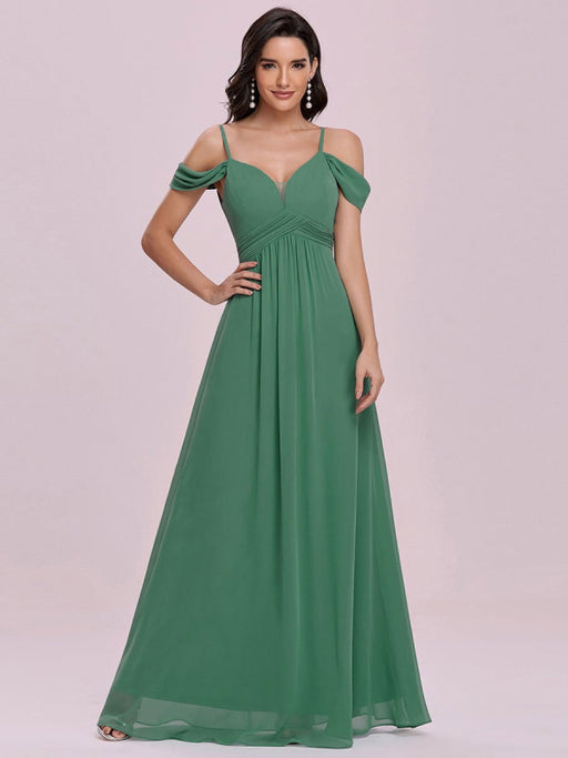 Green Prom Dress Chiffon V-Neck A-Line Sleeveless Pleated Maxi Wedding Guest Dresses