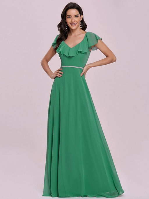 Green Prom Dress V-Neck A-Line Sleeveless Ruffles Chiffon Floor-Length Evening Dresses