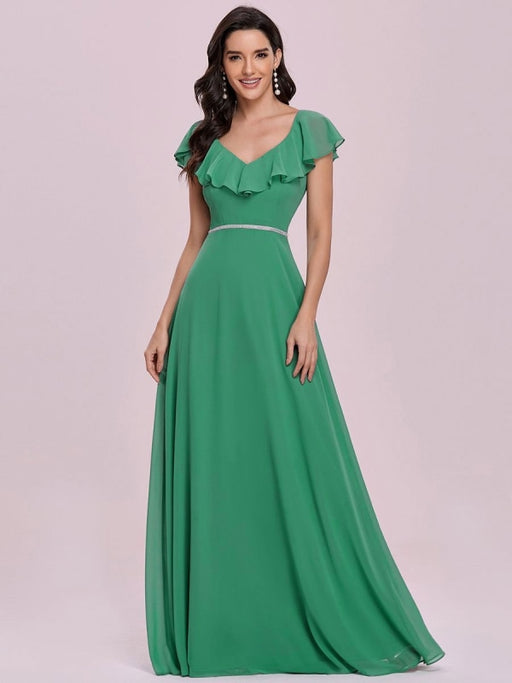 Green Prom Dress V-Neck A-Line Sleeveless Ruffles Chiffon Floor-Length Evening Dresses