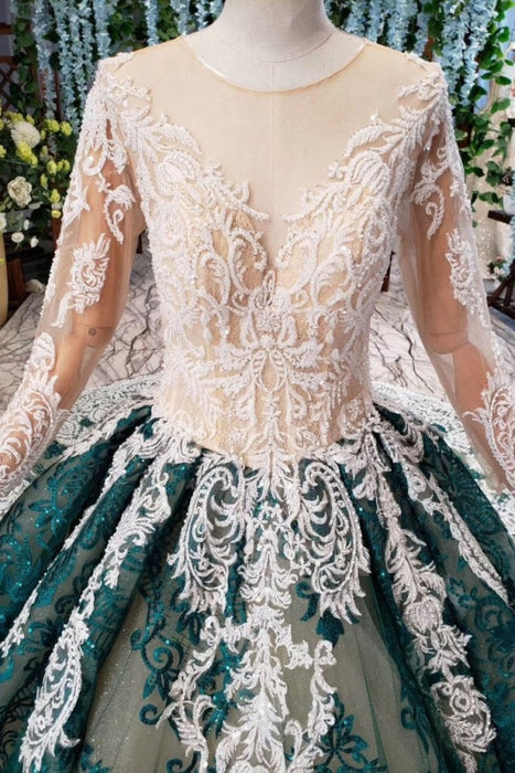 Green Sleeves Ball Lace Dress with Appliques Long Prom Gown - Prom Dresses